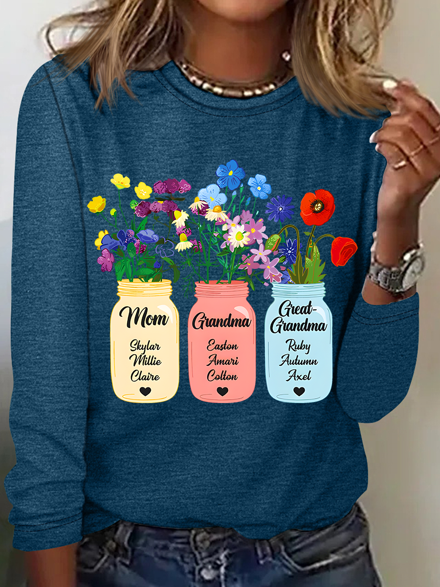 Personalized Grandma Flower Jar Casual Long Sleeve Shirt