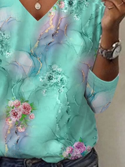 Women's Floral Spring Print Casual V-Neck Long Sleeve T-Shirt