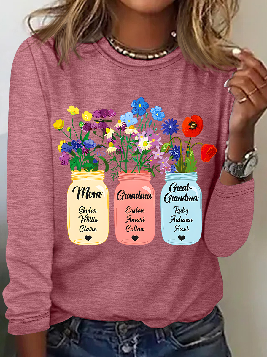 Personalized Grandma Flower Jar Casual Long Sleeve Shirt