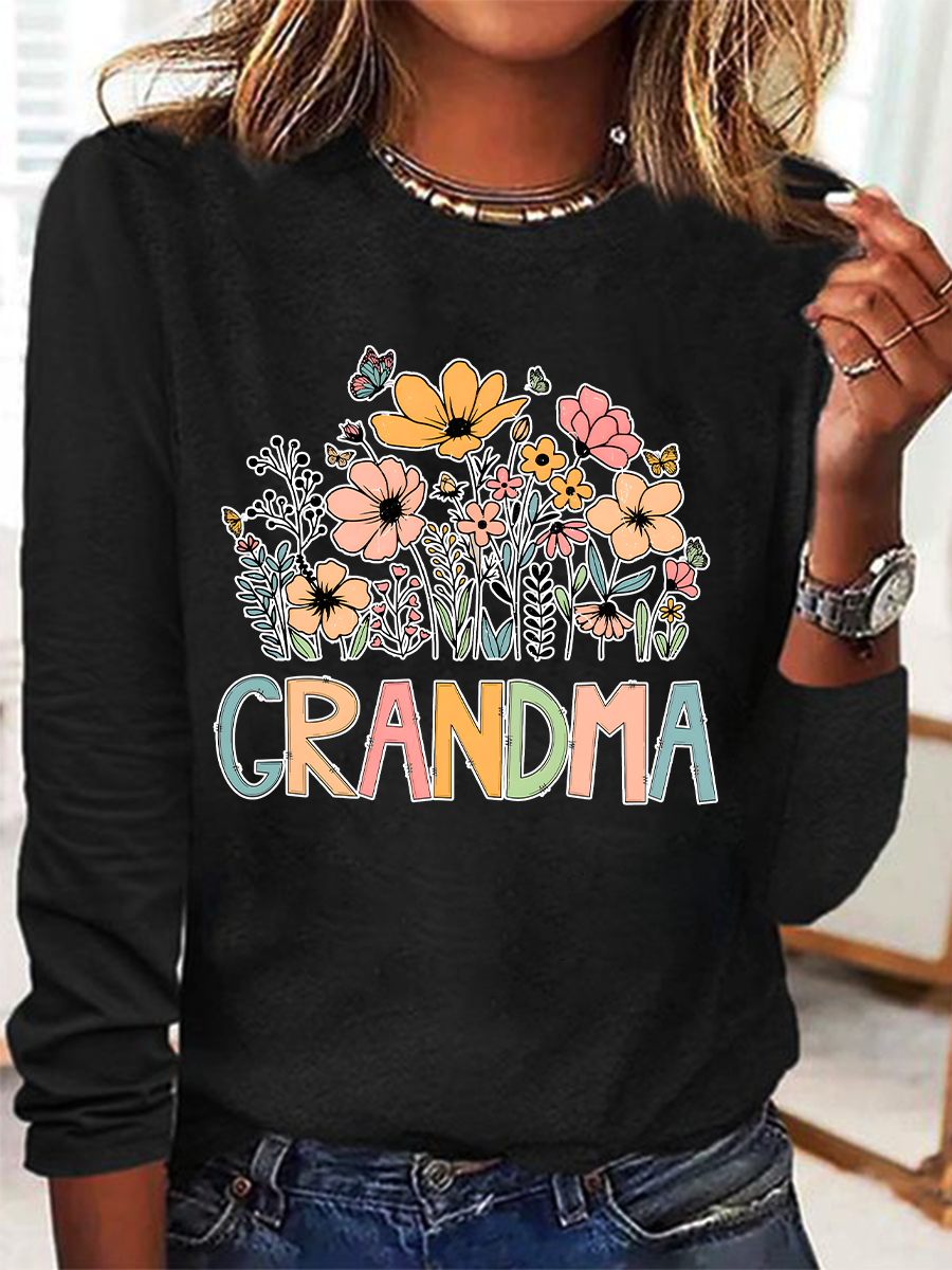 Grandma Flower Casual Long Sleeve Shirt