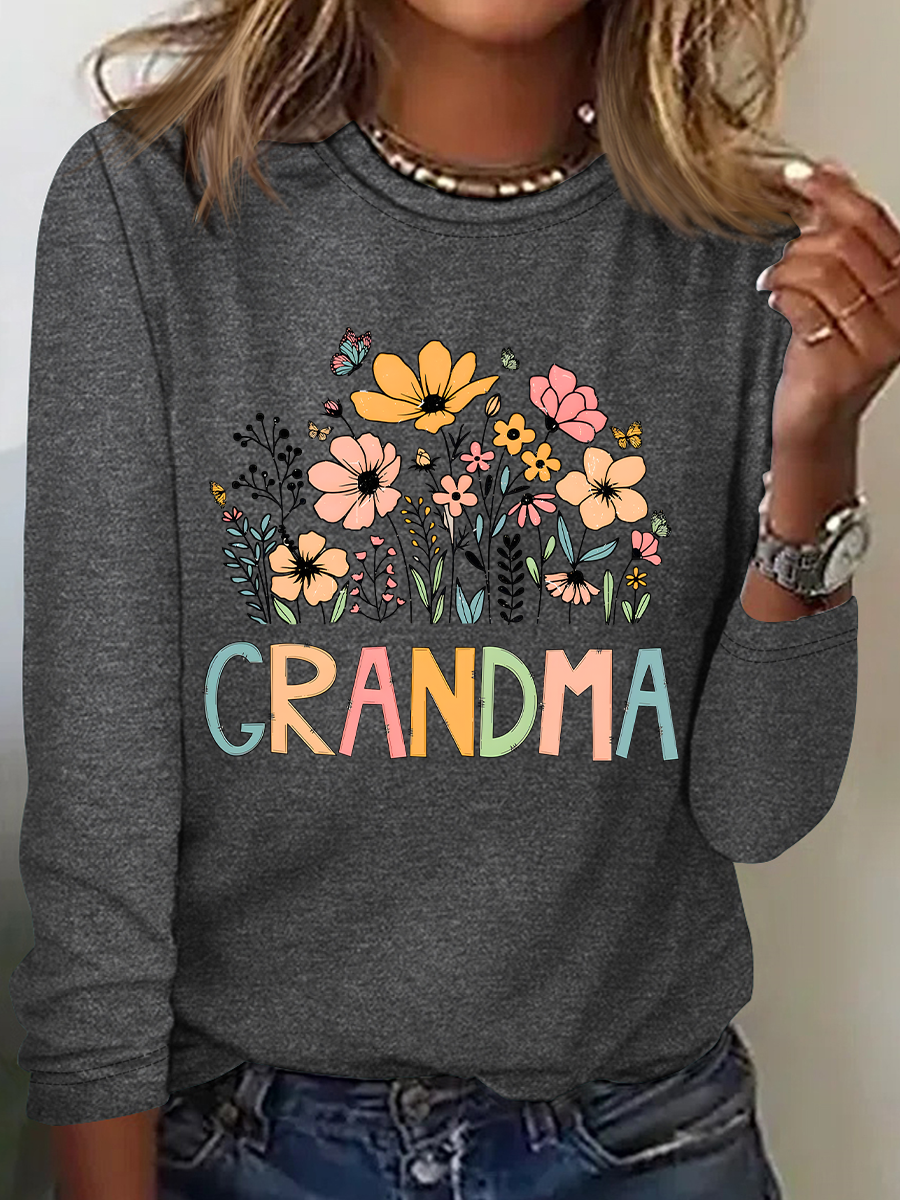 Grandma Flower Casual Long Sleeve Shirt