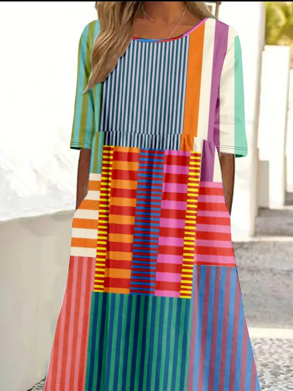 Crew Neck Multicolor Block Simple Dress With No