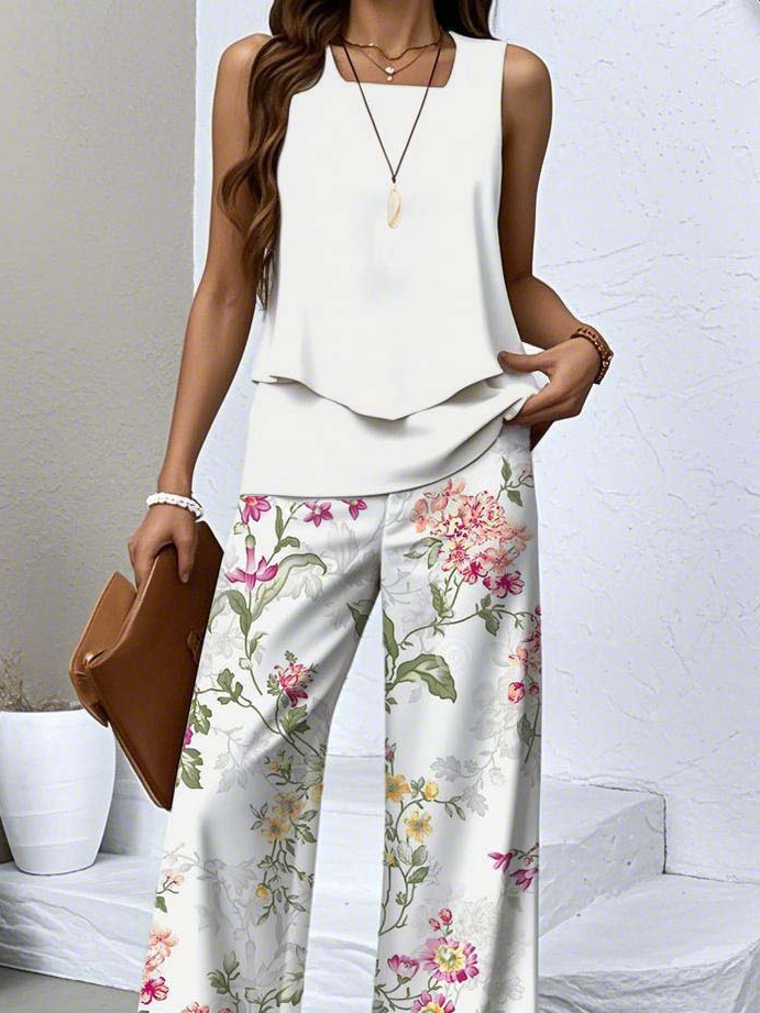 Crew Neck Regular Fit Floral Casual Two-Piece Set With No