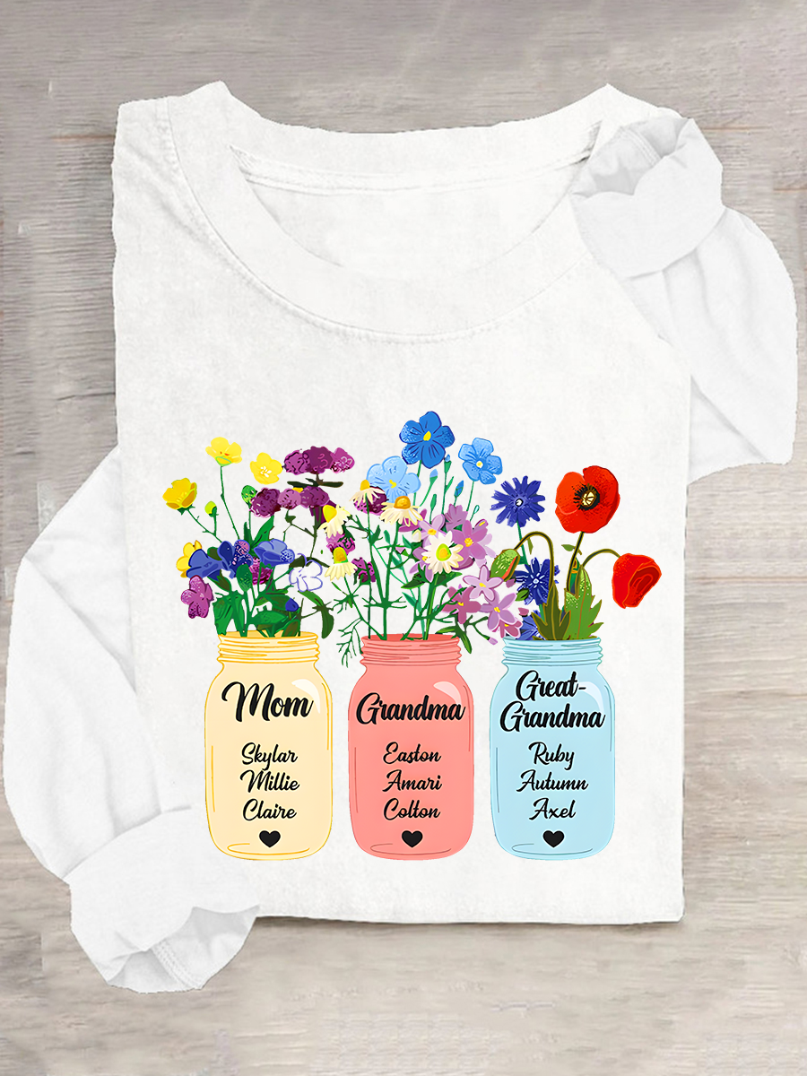 Personalized Grandma Flower Jar Casual Long Sleeve Shirt