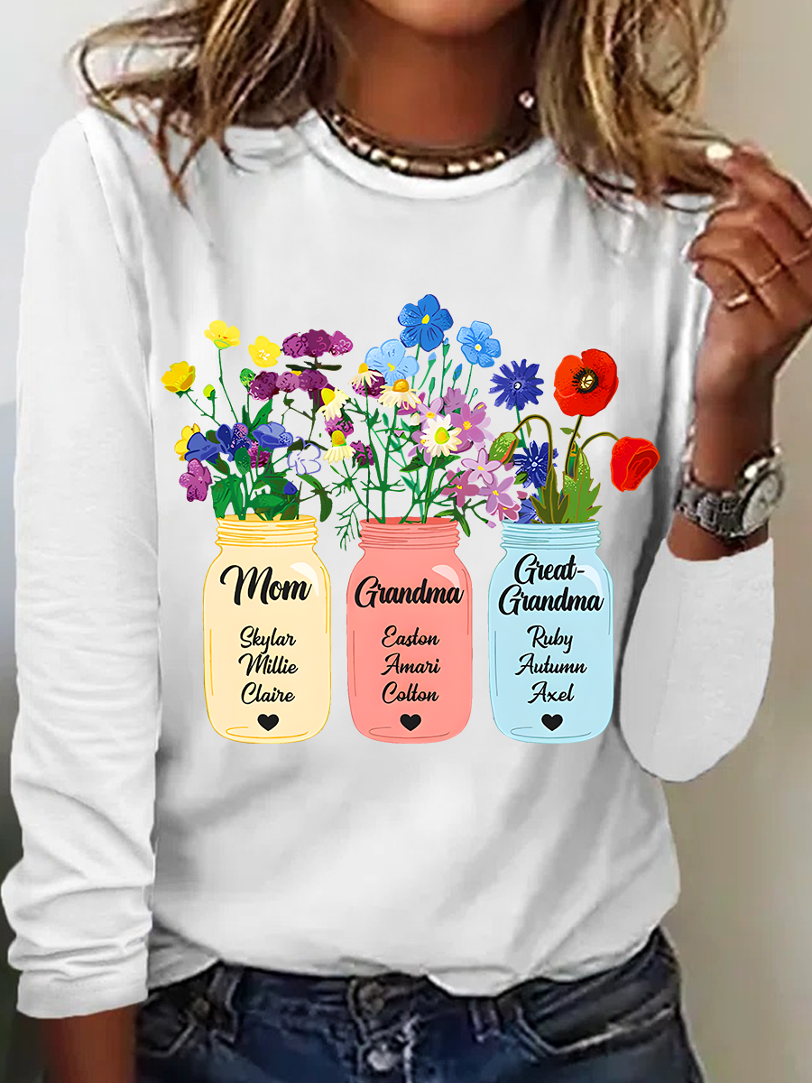 Personalized Grandma Flower Jar Casual Long Sleeve Shirt