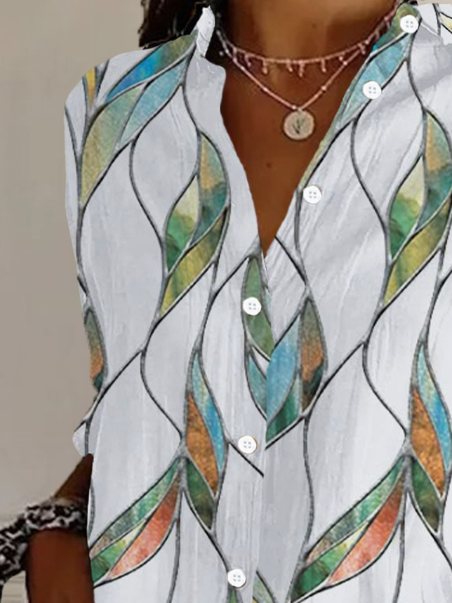 Women's Long Sleeve Shirt Spring/Fall White Geometric Buckle Shirt Collar Daily Going Out Casual Top