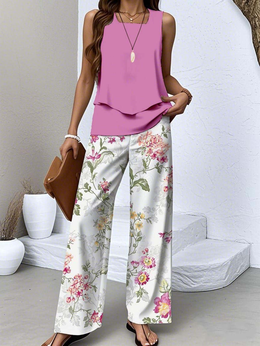 Crew Neck Regular Fit Floral Casual Two-Piece Set With No