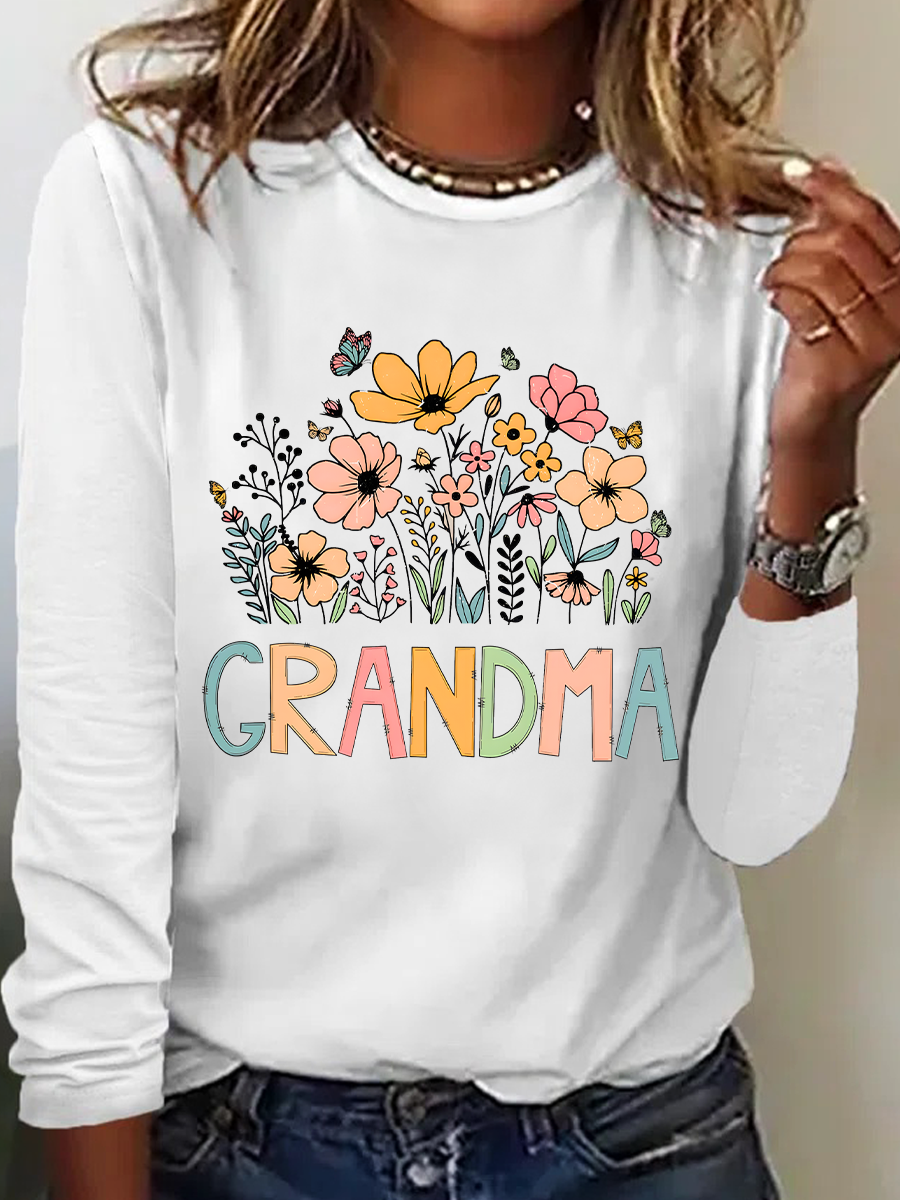 Grandma Flower Casual Long Sleeve Shirt