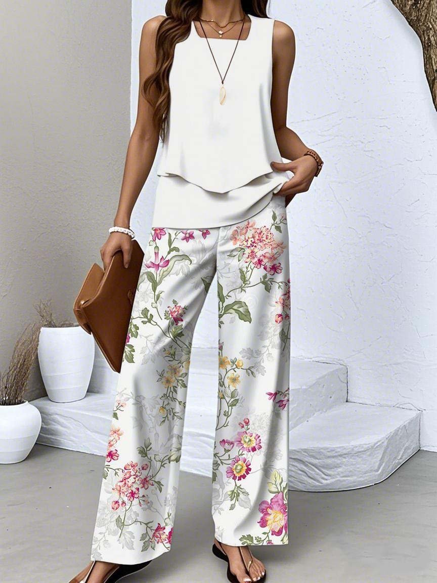 Crew Neck Regular Fit Floral Casual Two-Piece Set With No