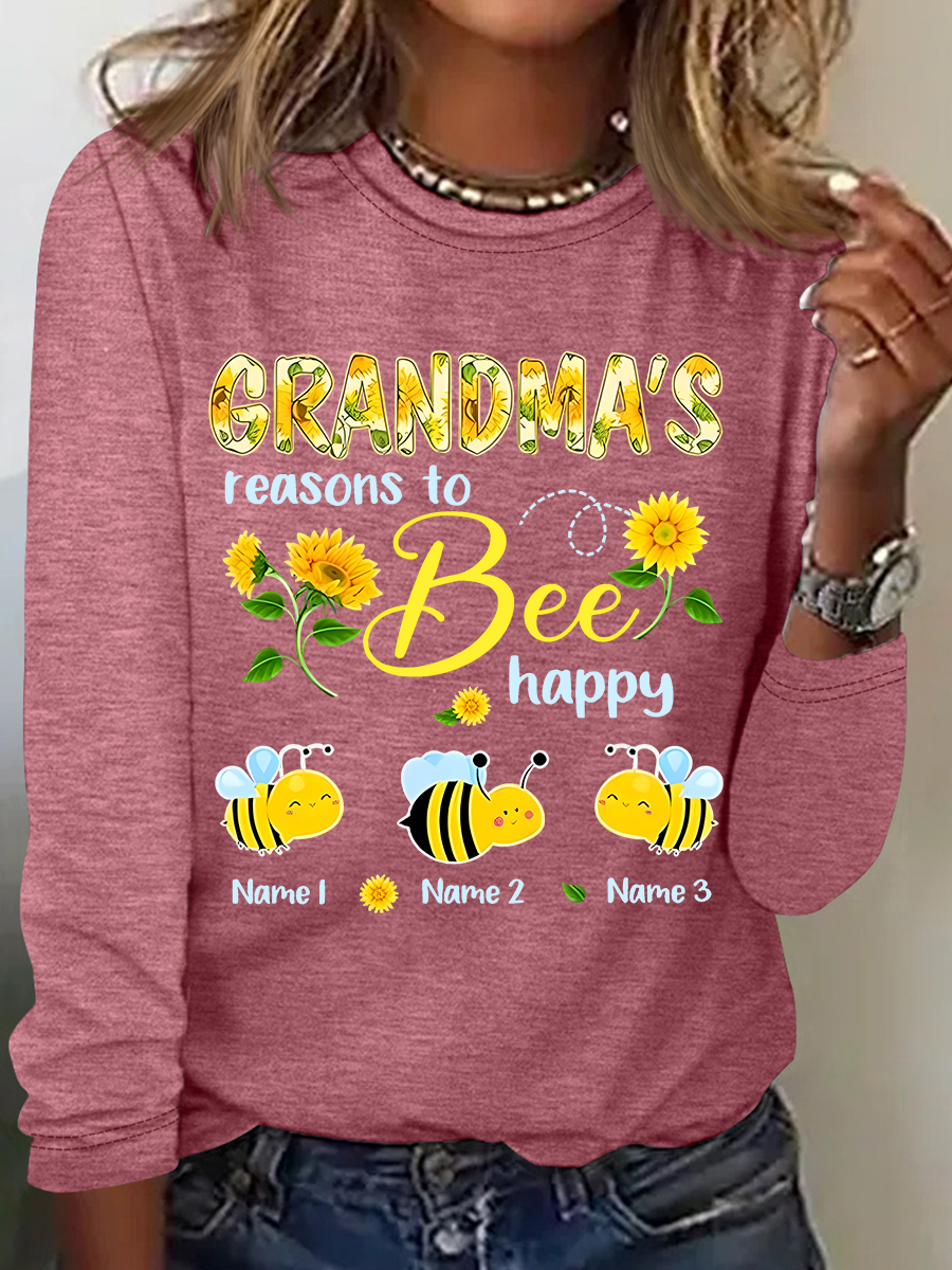 Personalized Grandma With Grandkids Sunflower Bee Butterfly Casual Long Sleeve Shirt