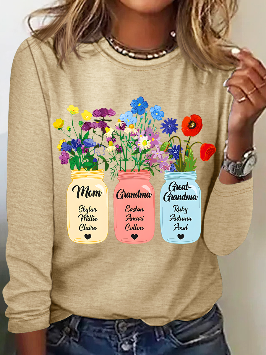 Personalized Grandma Flower Jar Casual Long Sleeve Shirt