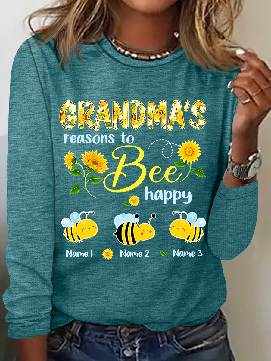 Personalized Grandma With Grandkids Sunflower Bee Butterfly Casual Long Sleeve Shirt