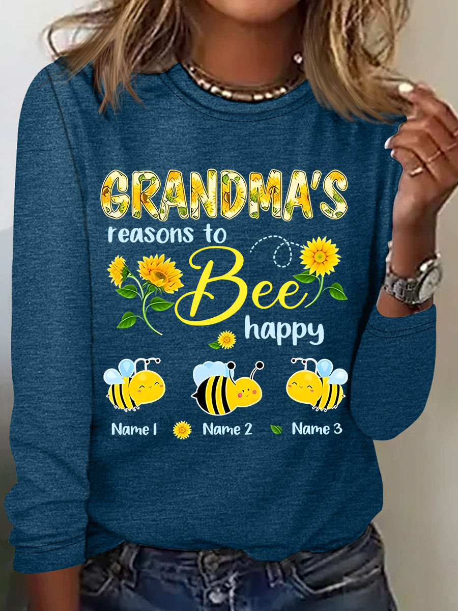 Personalized Grandma With Grandkids Sunflower Bee Butterfly Casual Long Sleeve Shirt