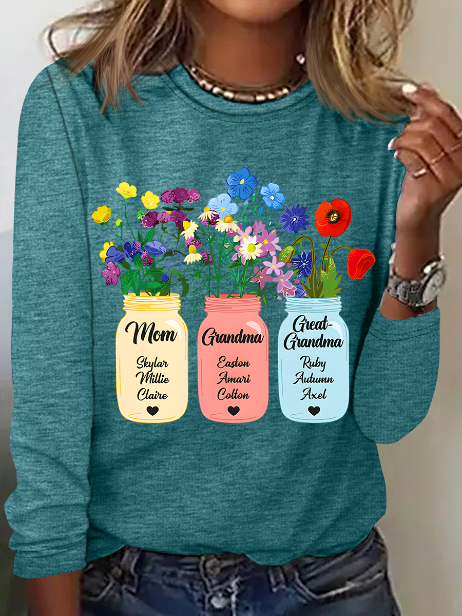 Personalized Grandma Flower Jar Casual Long Sleeve Shirt