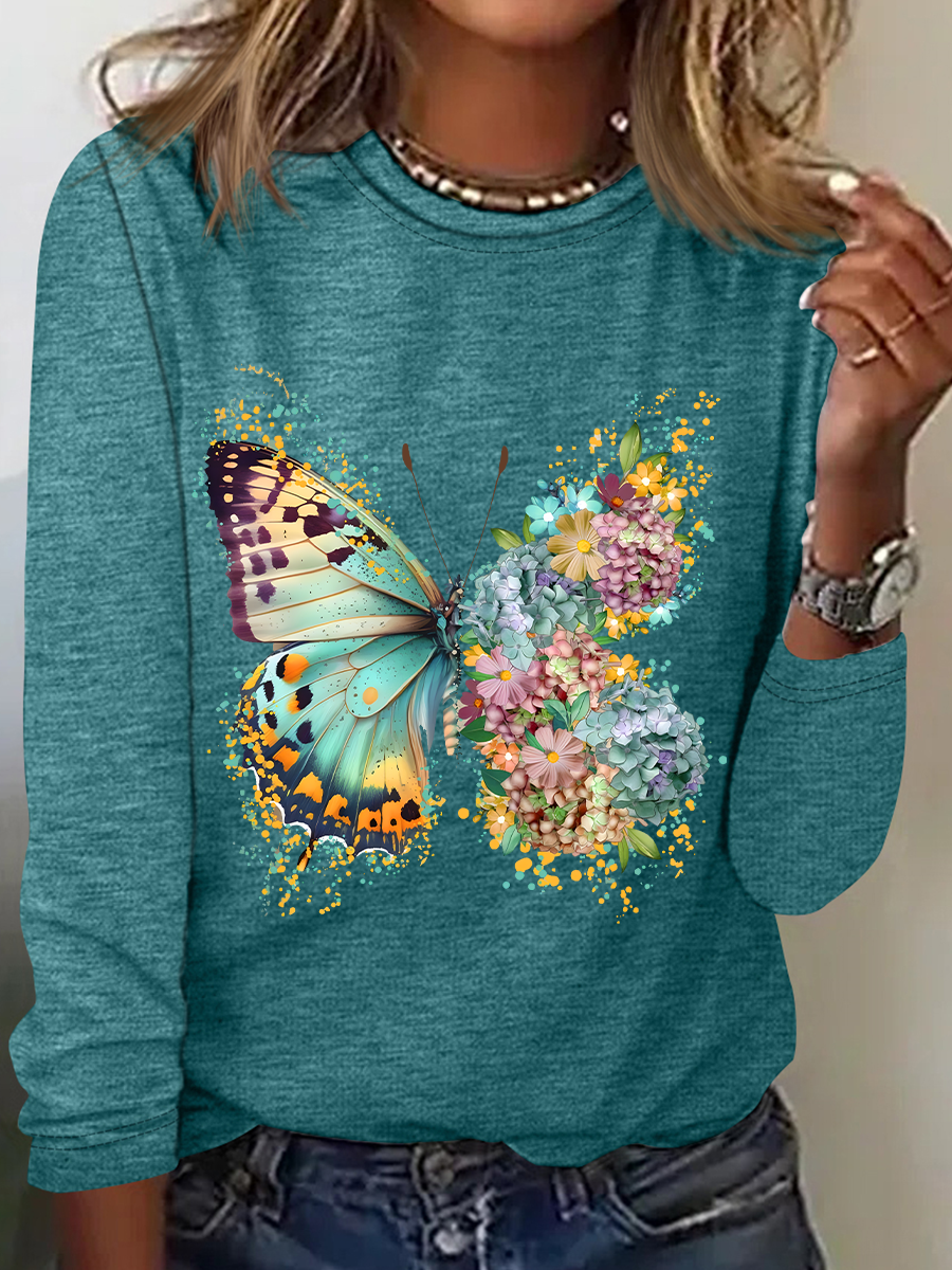 Floral Butterfly Casual Long Sleeve Shirt