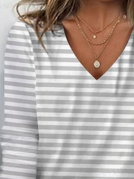 Women's Striped Print Casual V-Neck Long Sleeve T-Shirt