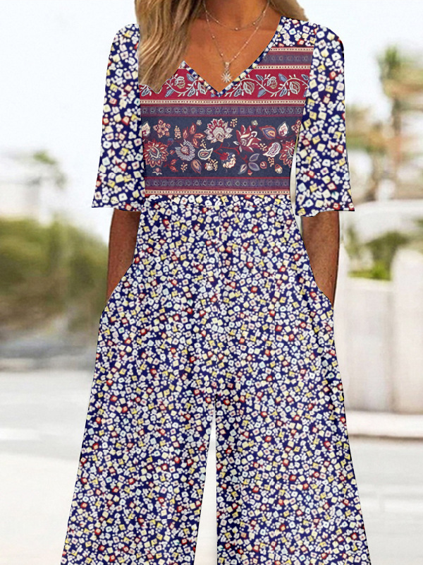 V Neck Multicolor Block Vintage Loose Jumpsuit