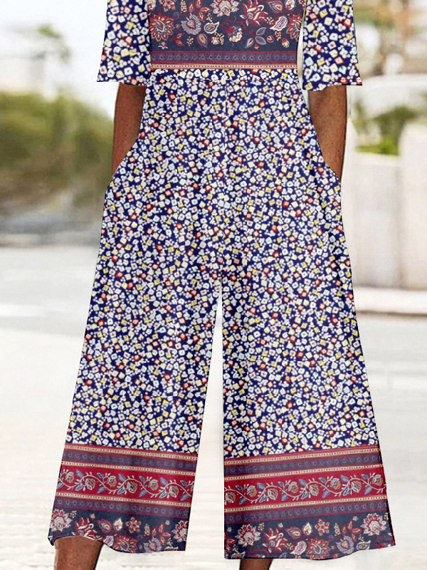 V Neck Multicolor Block Vintage Loose Jumpsuit