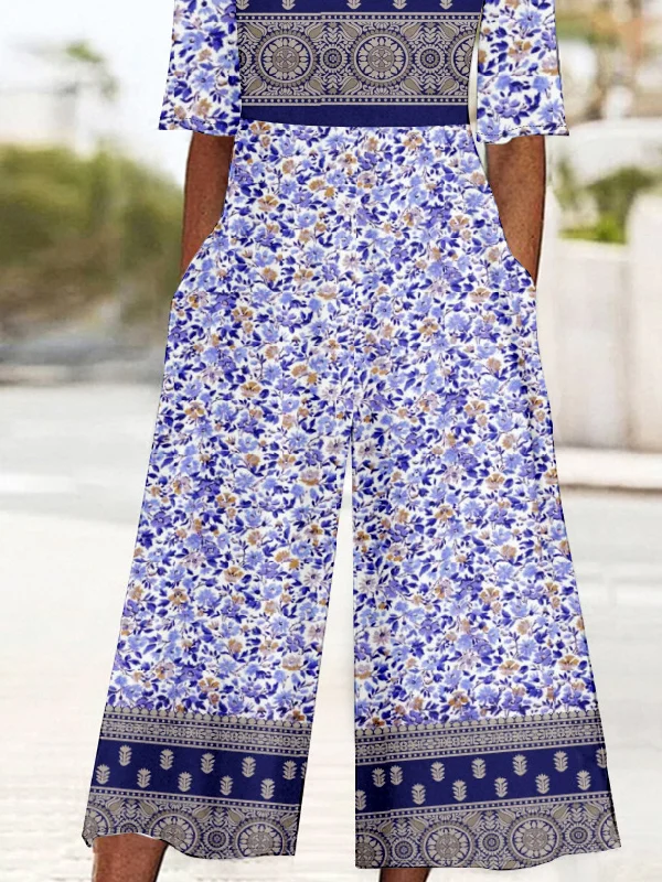 Ethnic Geometry Casual V Neck Loose Jumpsuit