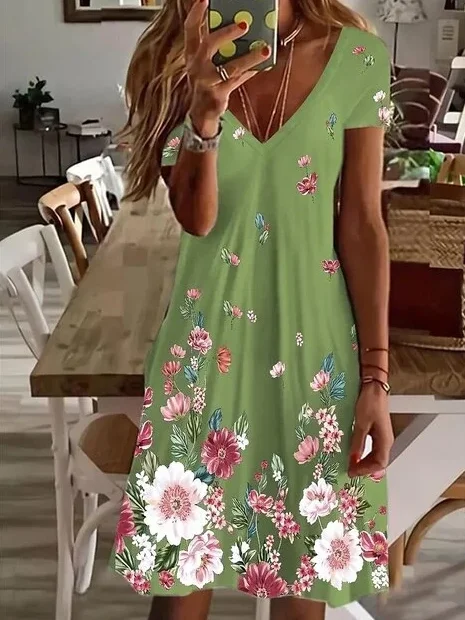 Women's Floral Spring Print Casual V-Neck Short Sleeve Dress