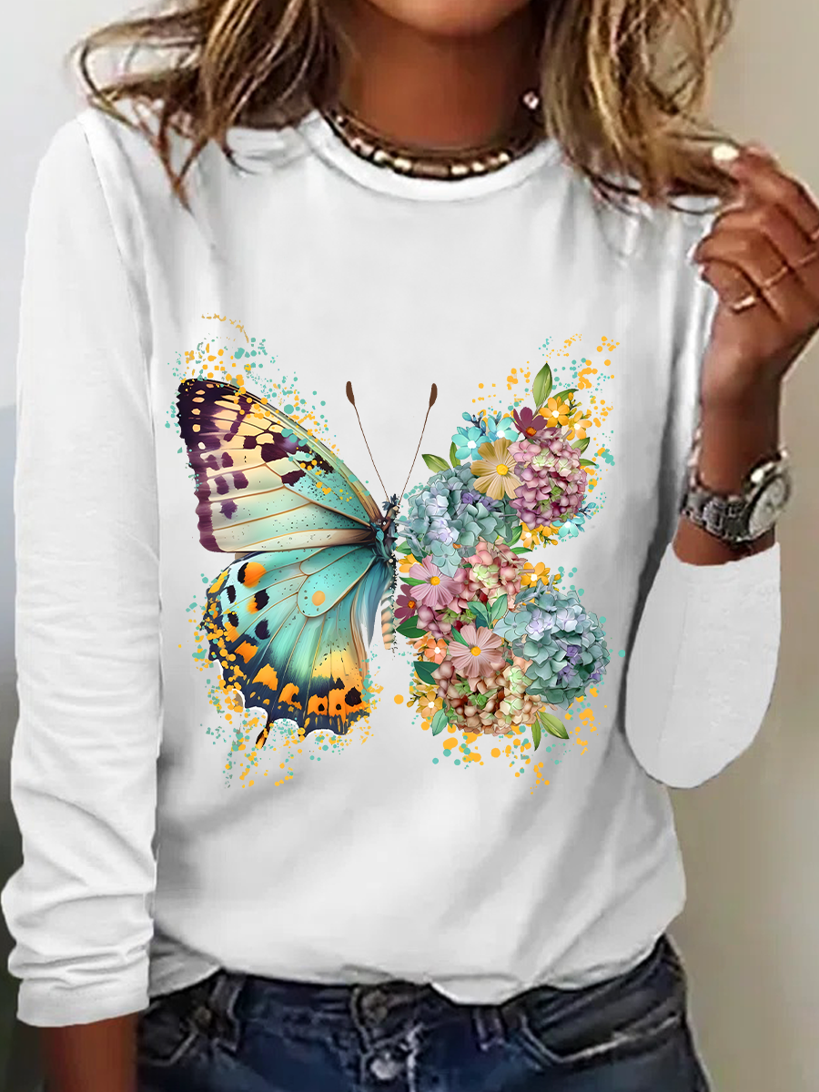 Floral Butterfly Casual Long Sleeve Shirt