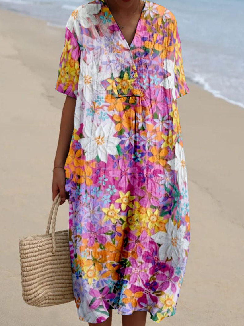 Vintage Tropical Loose Dress With No