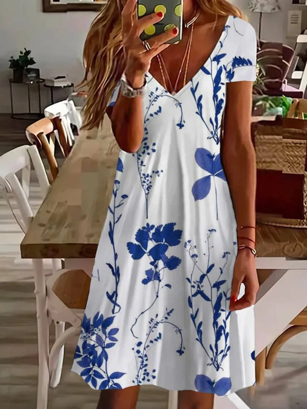 Women's Floral Spring Print Casual V-Neck Short Sleeve Dress