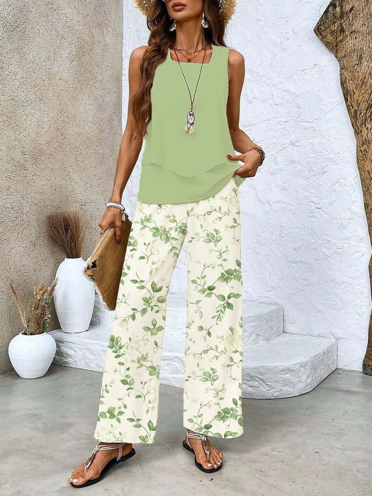 Women's Floral Spring Print Casual Tank Tops Two-Piece Set