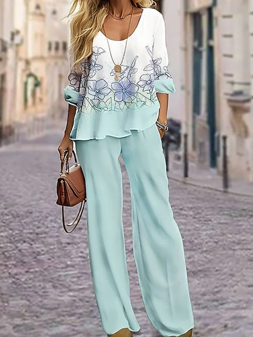 Women's Floral Spring Print Casual Fashion Two Piece Suit