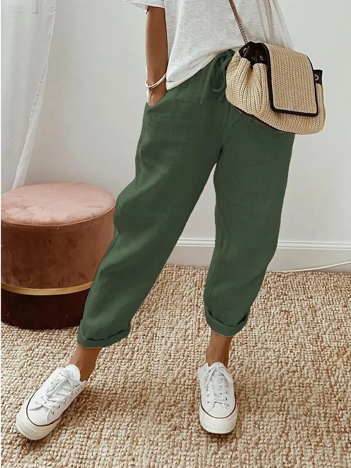 Cotton-Blend Simple Loose Pants