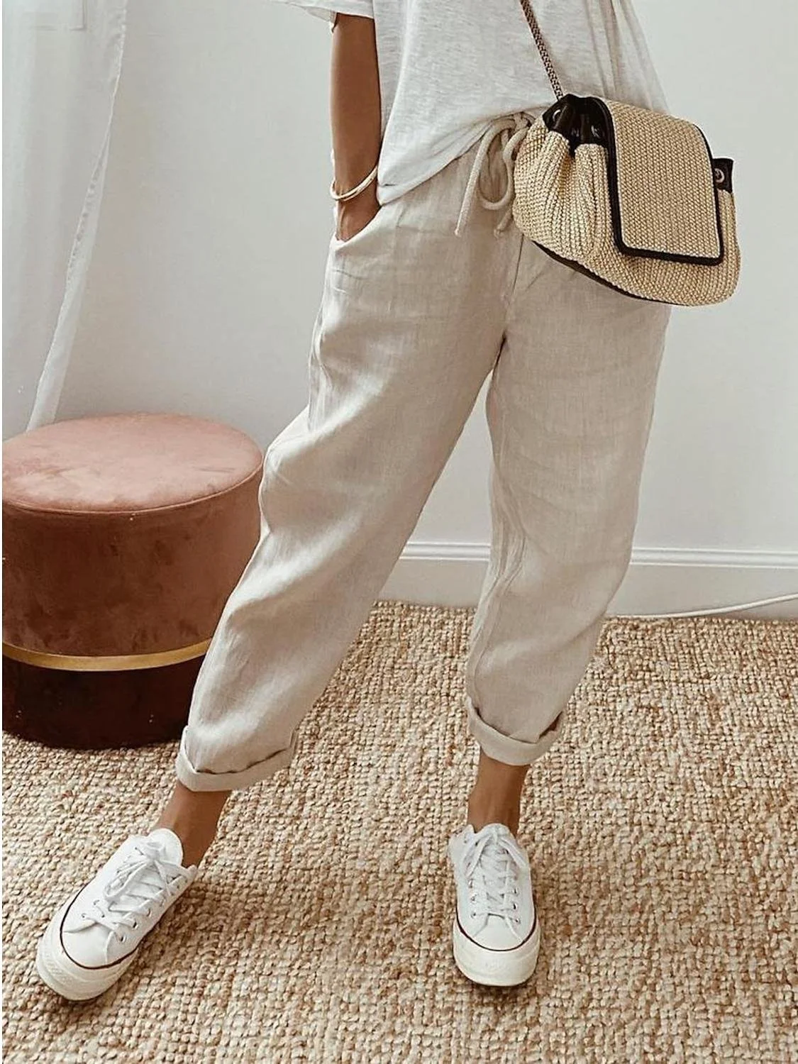 Cotton-Blend Simple Loose Pants