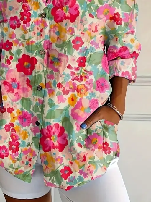 Women's Long Sleeve Shirt Spring/Fall As Picture Floral Buckle Shirt Collar Daily Going Out Casual Top