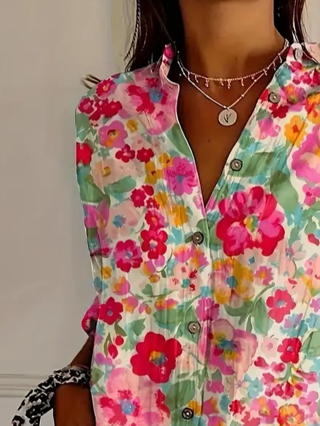 Women's Long Sleeve Shirt Spring/Fall As Picture Floral Buckle Shirt Collar Daily Going Out Casual Top