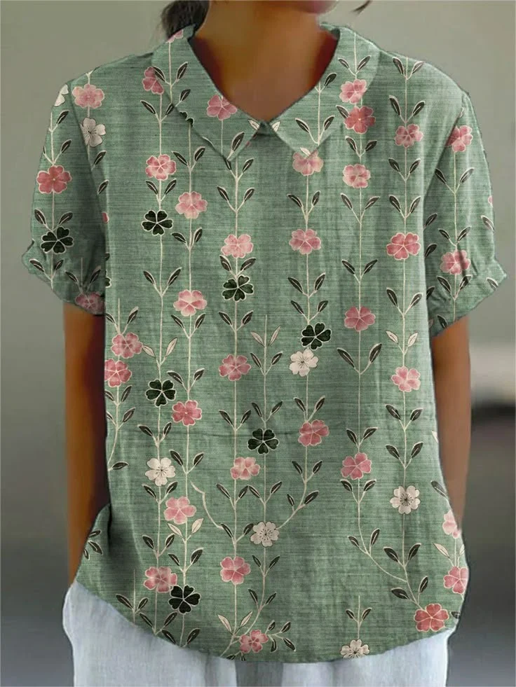 Women Vintage Flower Art Print Casual Cotton And Linen Blouse