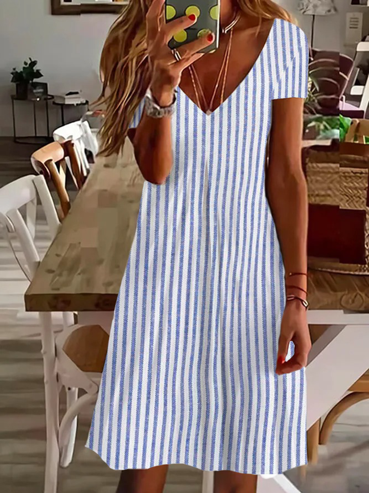 Women's Striped Spring Print Casual V-Neck Short Sleeve Dress