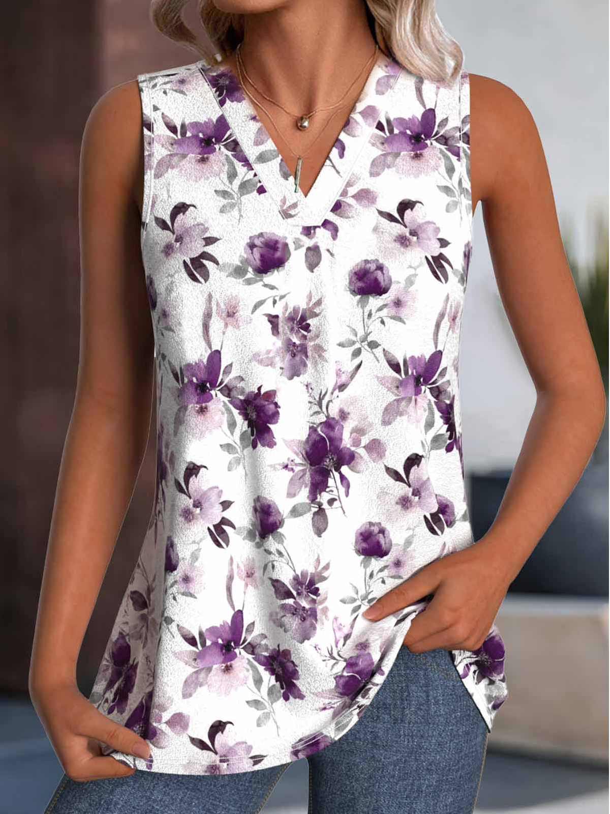 Cotton-Blend V Neck Loose Casual Tank Top