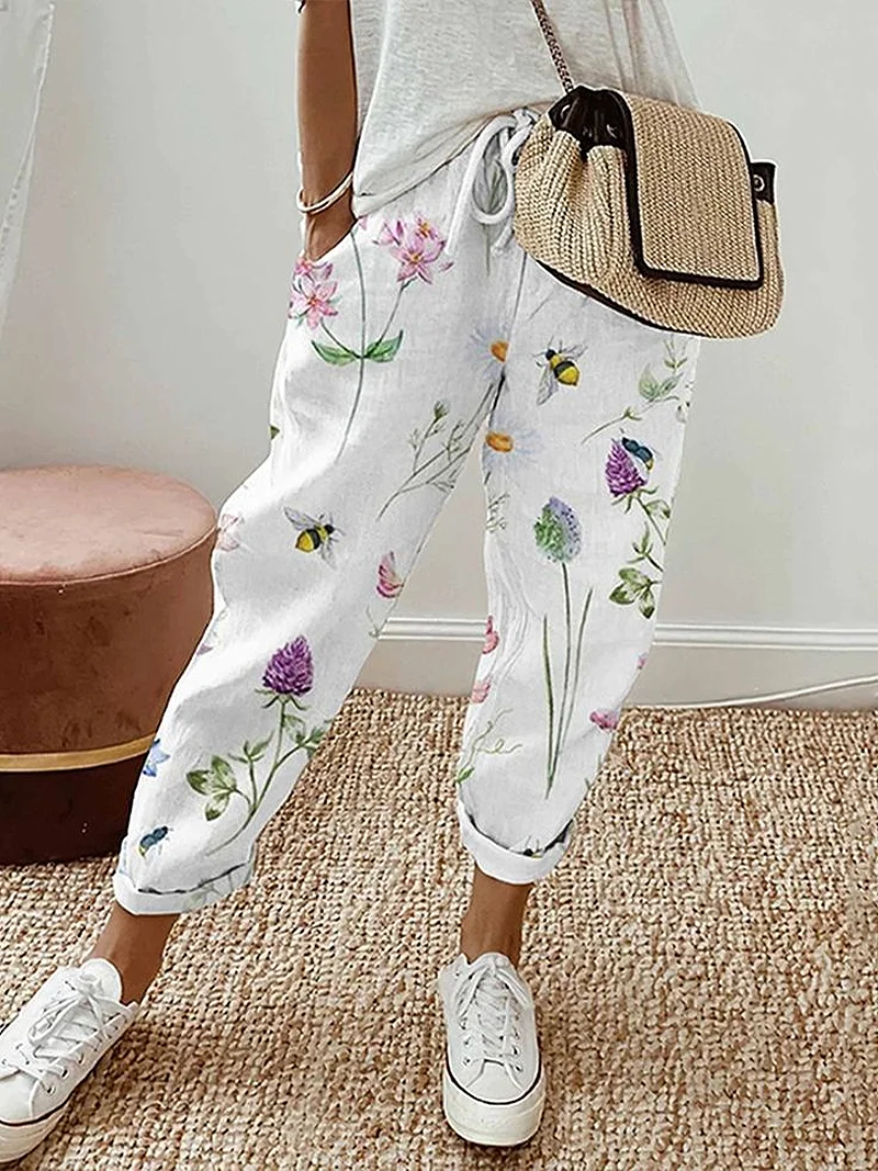 Women's  H-Line Straight Pants Daily Going Out Pants White Casual Printing Floral Spring/Fall Pants