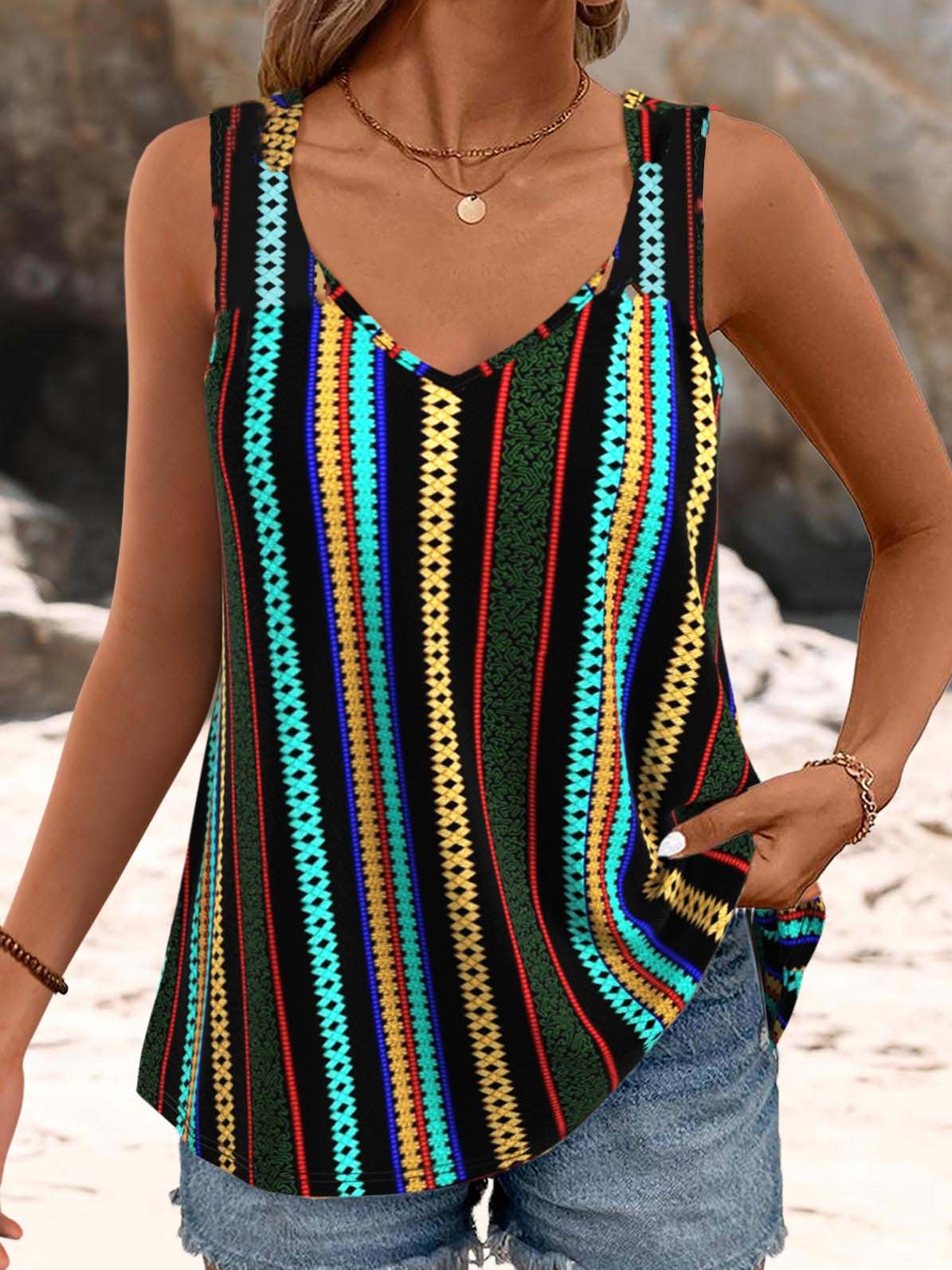 Loose Casual V Neck Striped T-Shirt