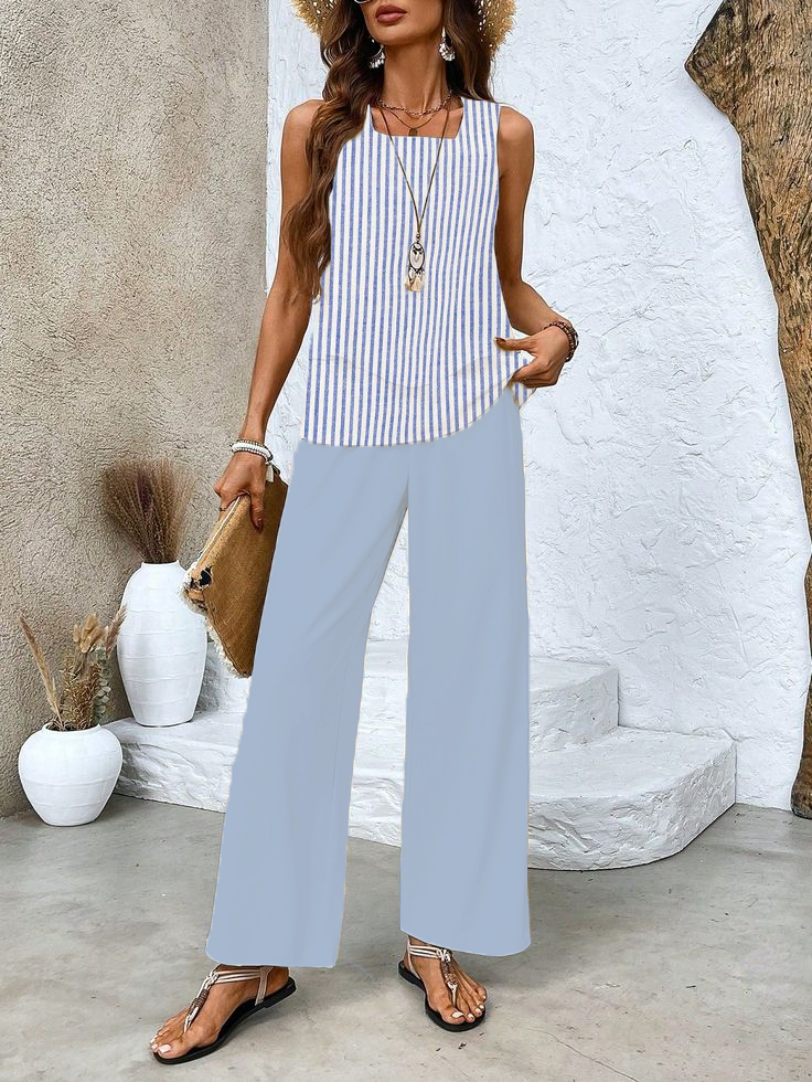 Women's Striped Spring Print Casual Tank Top Pants Two Piece Suit