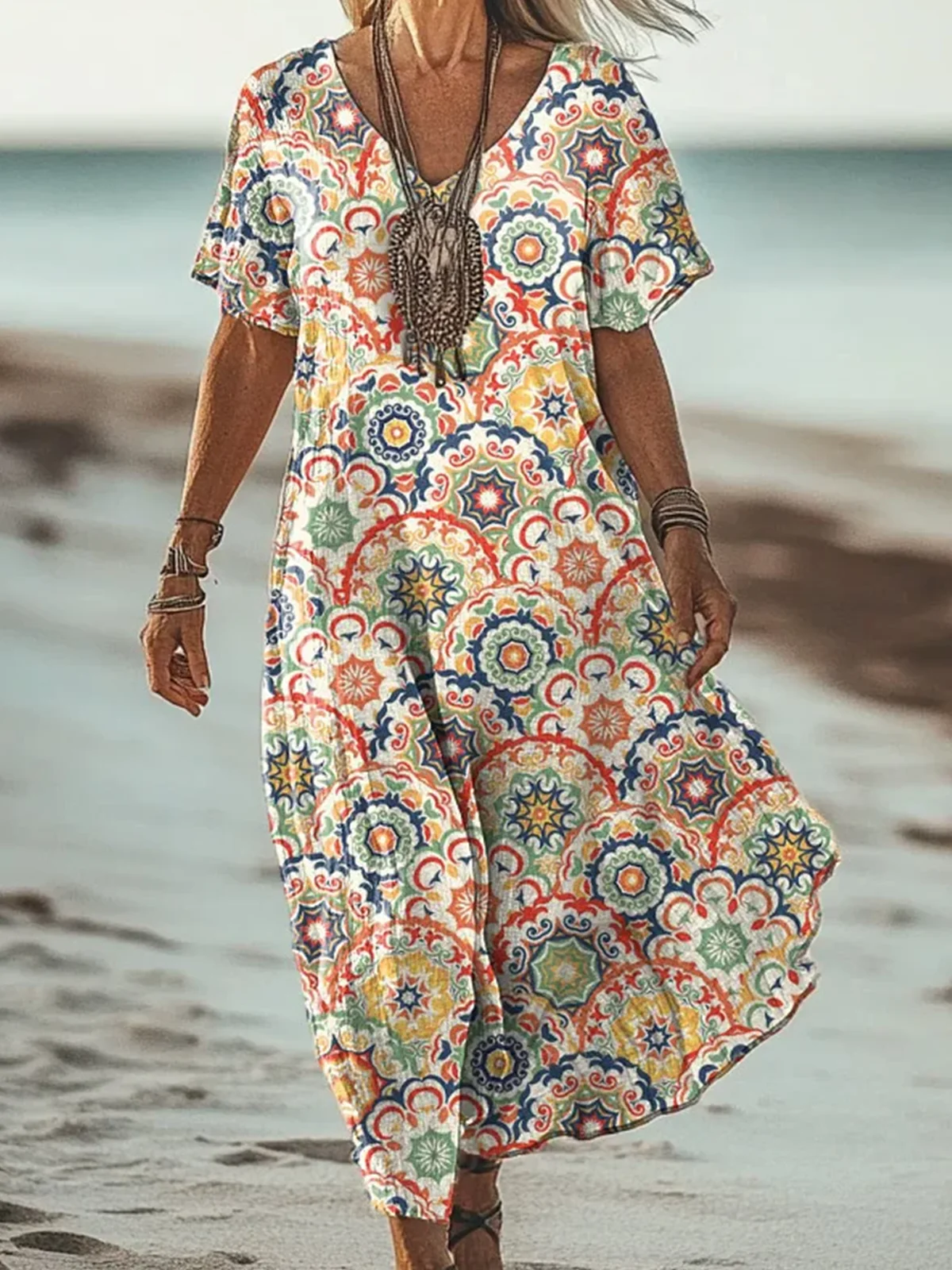 Women's Short Sleeve Paisley Printing V Neck Casual Maxi T-Shirt Dress