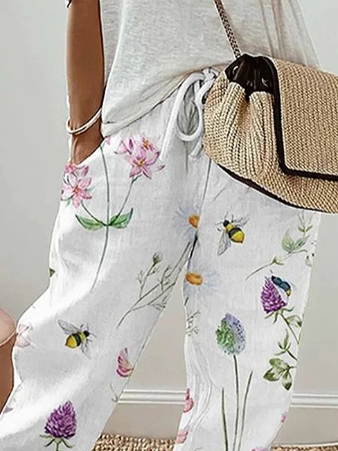 Women's  H-Line Straight Pants Daily Going Out Pants White Casual Printing Floral Spring/Fall Pants