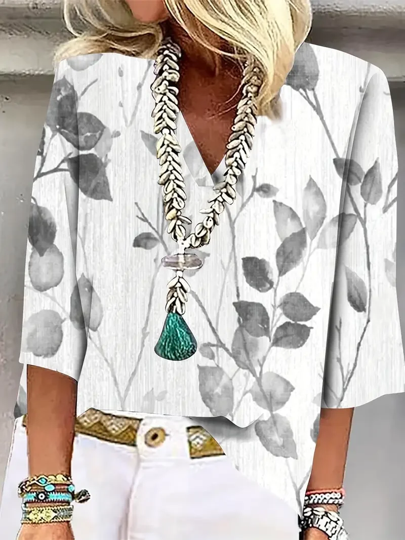 Women's Floral Spring Print Casual V-Neck Blouse