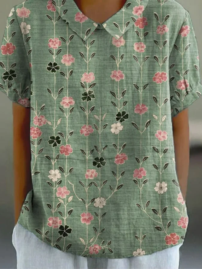 Women Vintage Flower Art Print Casual Cotton And Linen Blouse