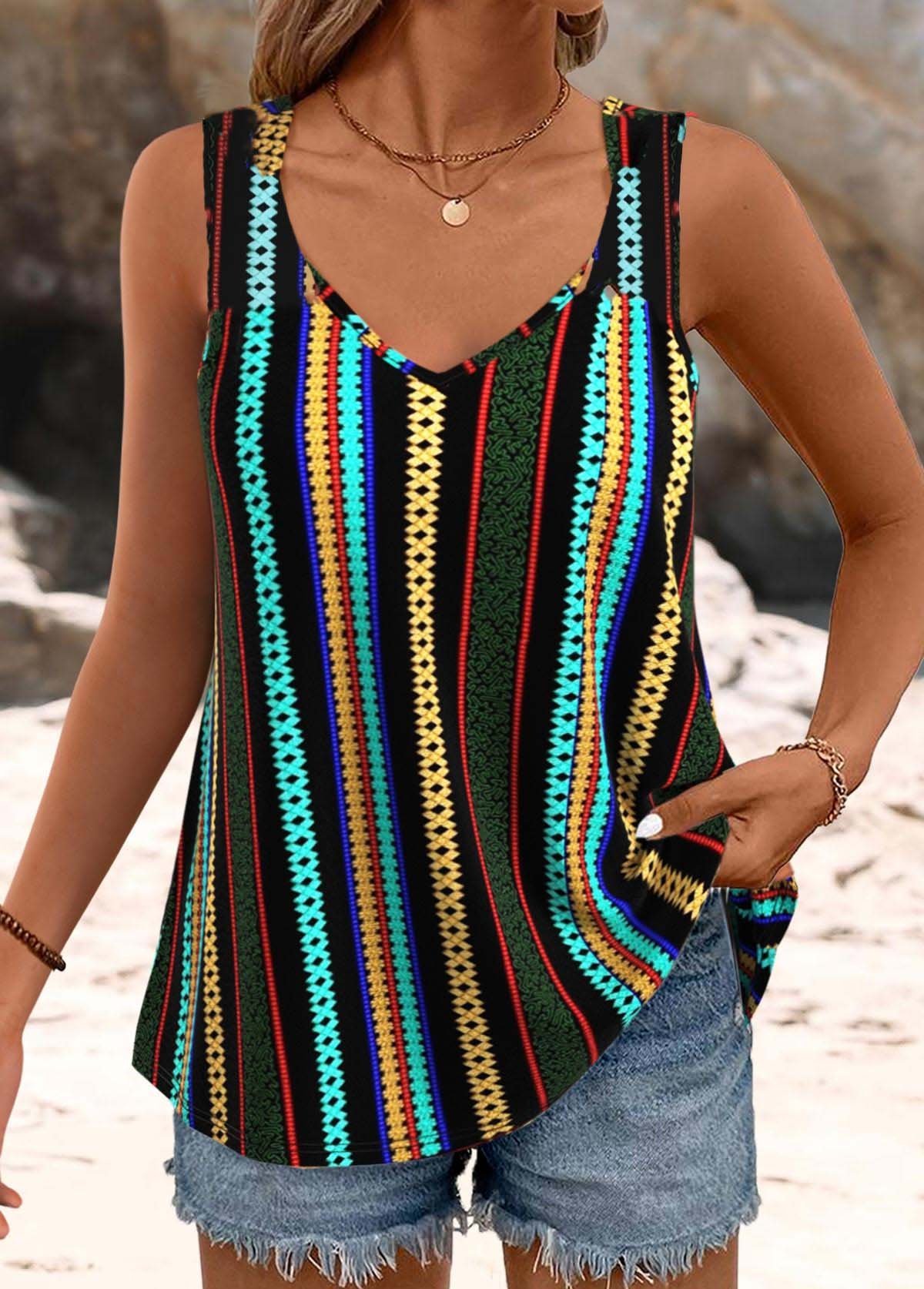 Loose Casual V Neck Striped T-Shirt