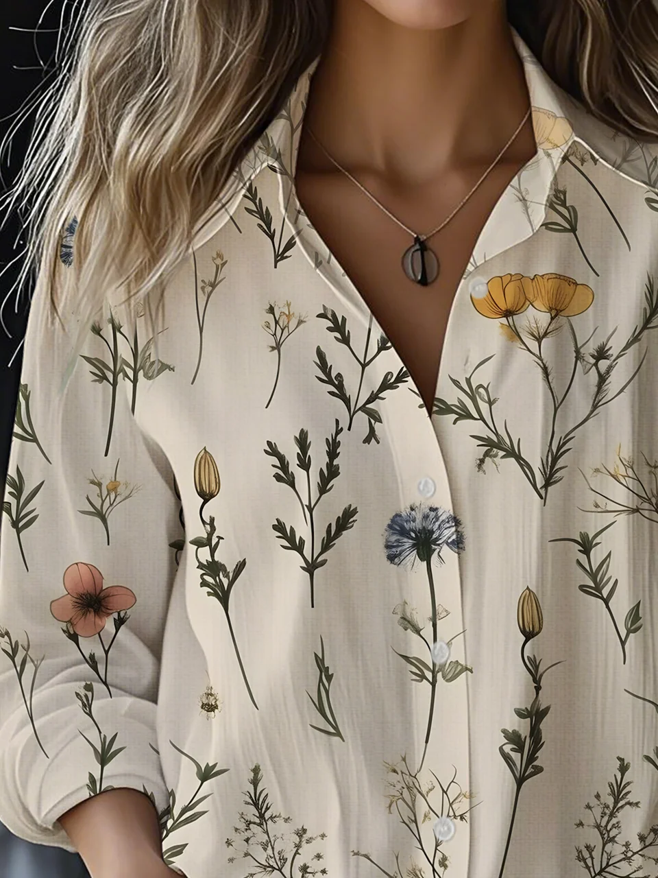 Women's Artistic Floral Print Long Sleeve Cotton and Linen Shirt