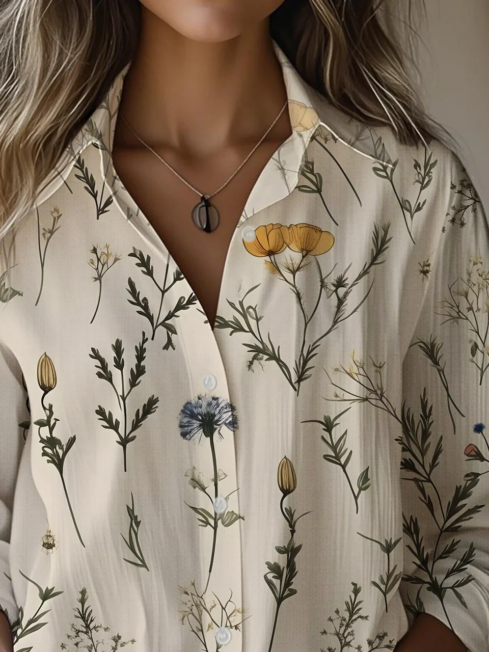 Women's Artistic Floral Print Long Sleeve Cotton and Linen Shirt