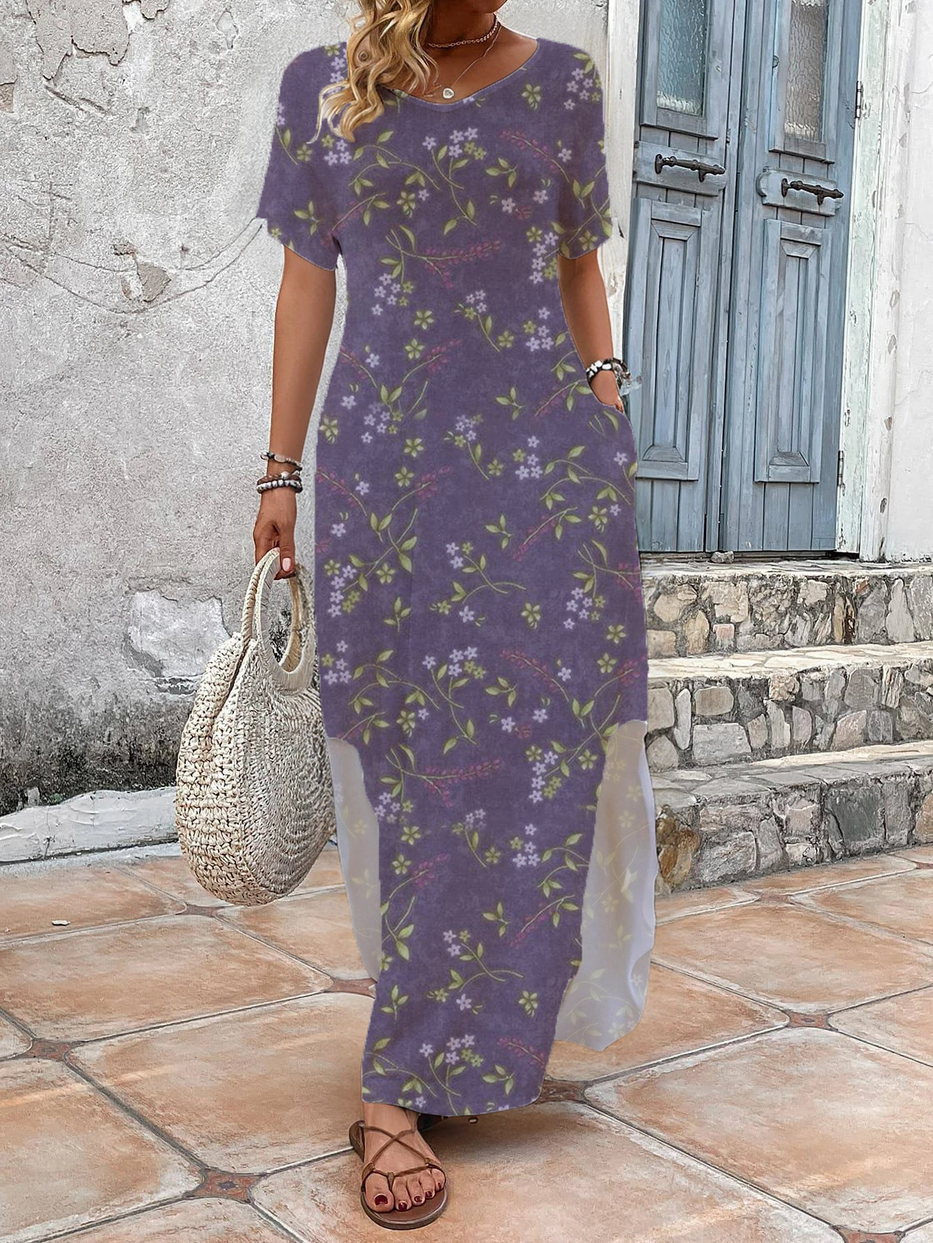 Women's Short Sleeve Summer Purple Floral Printing V Neck Daily Going Out Casual Maxi H-Line T-Shirt Dress Dress