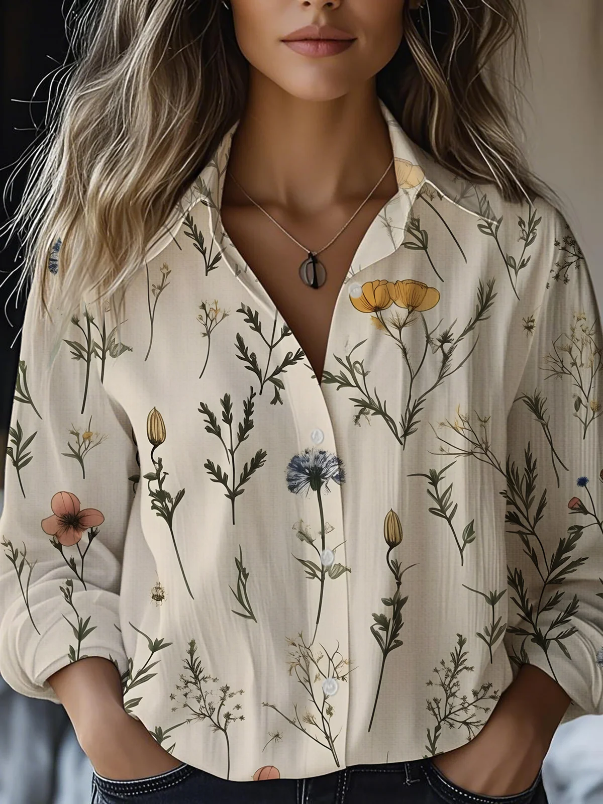 Women's Artistic Floral Print Long Sleeve Cotton and Linen Shirt