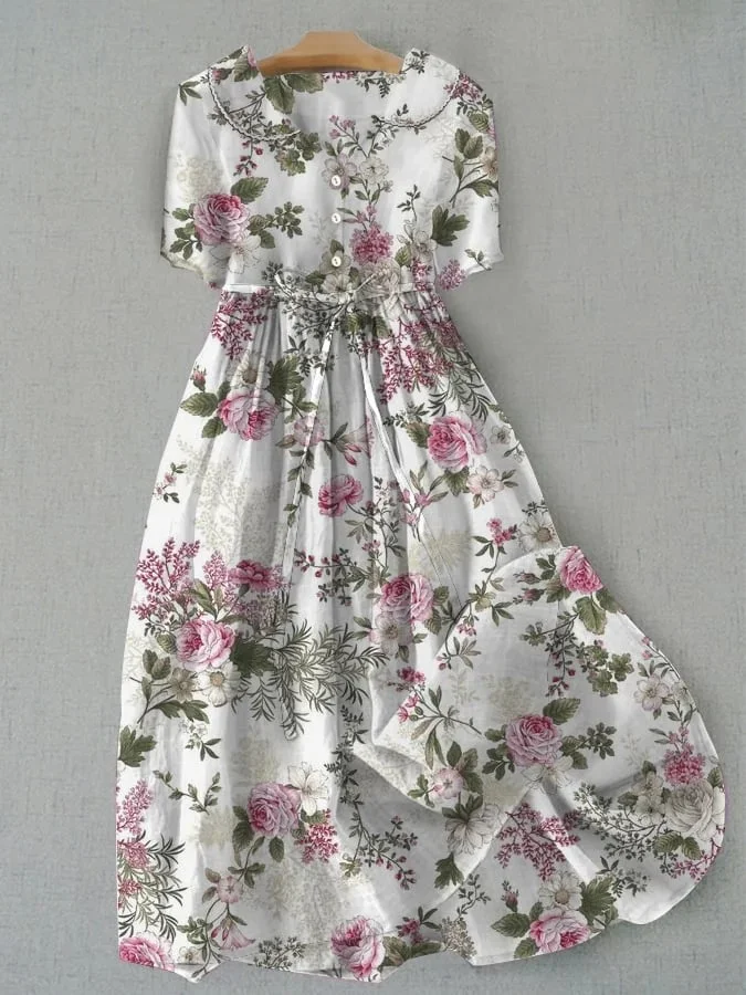 Women Floral Print Doll Neck Lace Up Dress