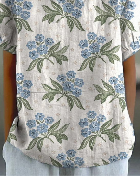 Women Blue Hydrangea Floral Pattern Printed Casual Blouse